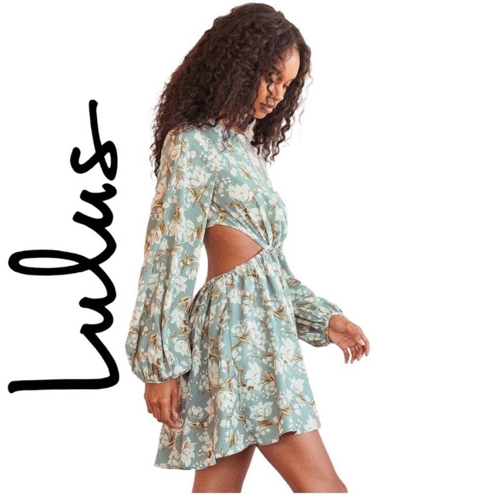 NWT Lulus First Blooms Dusty Blue Floral Print Long Sleeve Cutout Dress XL Mini - Picture 4 of 11